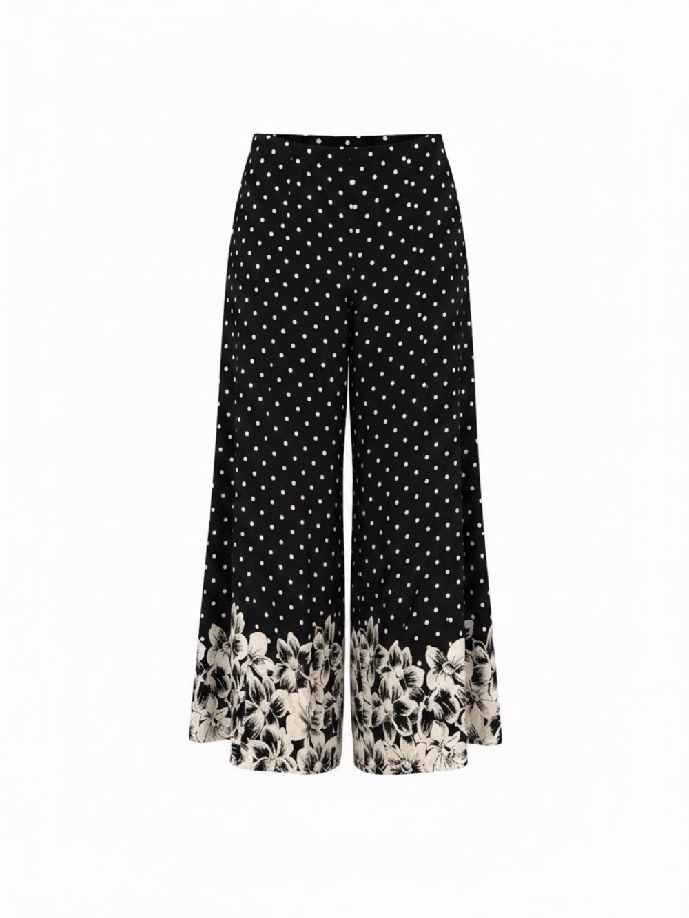 Anthropologie Black Polka Dot Wide-Leg Pants with Cream Floral Border
